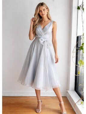 Frascara Light Blue Chiffon Wrap Dress Midi A-Line Sleeveless Formal Party 10
